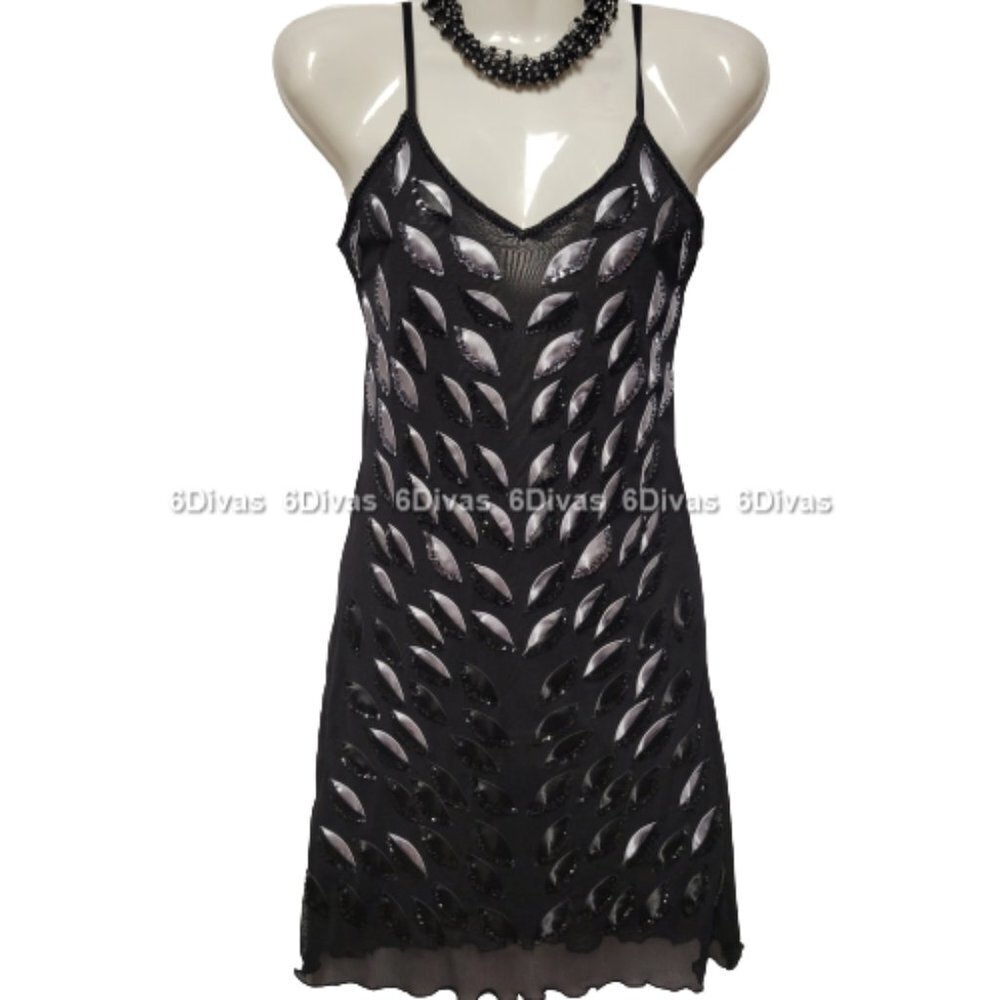 Sexy Dress Sequin Sheer Mini Glitter Silver Black Tunic Dress - Small or Petite
